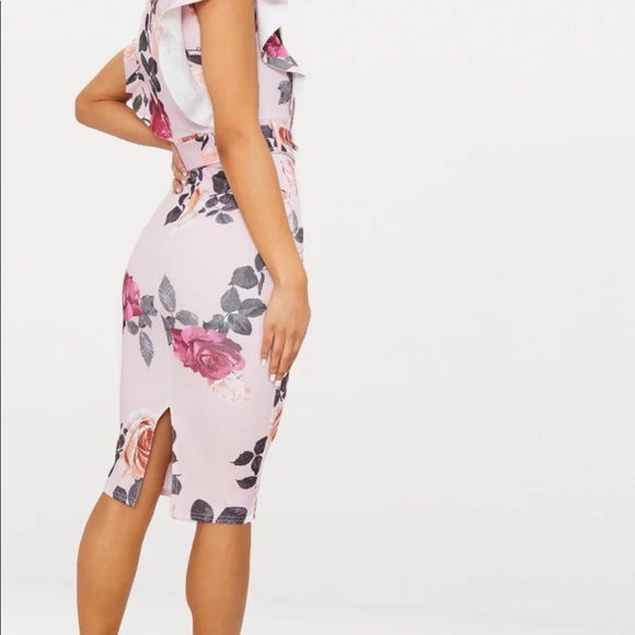 Dusty Pink Floral Print Frill Detail Midi Dress - Picture 2 of 3